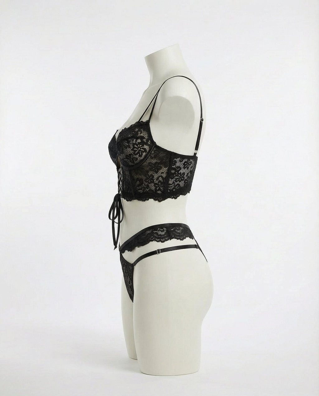 Lace Bra And Thong Set With Corset Lace - Up Detail - AR UNIVERSALghntshLingerie Set