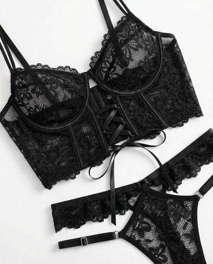 Lace Bra And Thong Set With Corset Lace-Up Detail