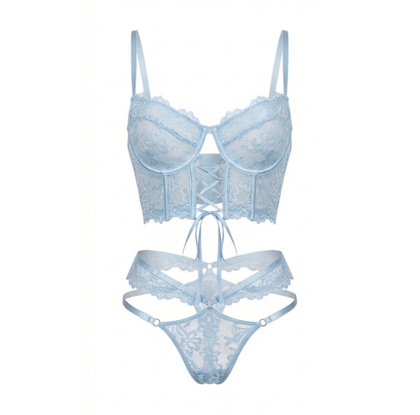 Lace Bra And Thong Set With Corset Lace-Up Detail