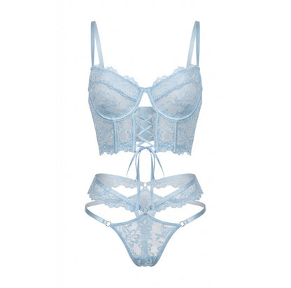 Lace Bra And Thong Set With Corset Lace-Up Detail