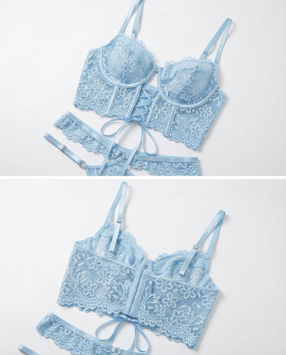 Lace Bra And Thong Set With Corset Lace-Up Detail