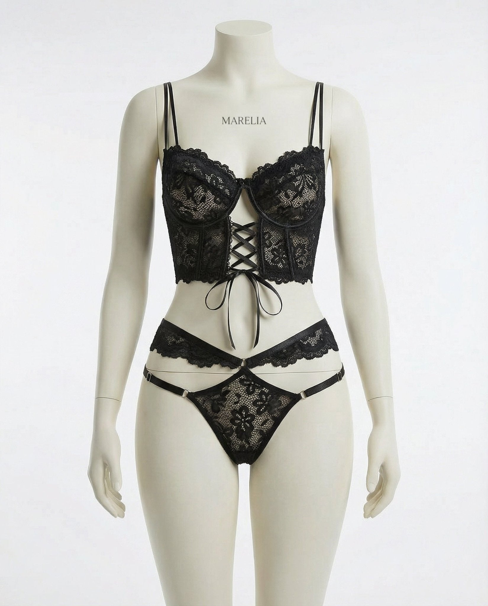 Lace Bra And Thong Set With Corset Lace - Up Detail - AR UNIVERSALghntshLingerie Set