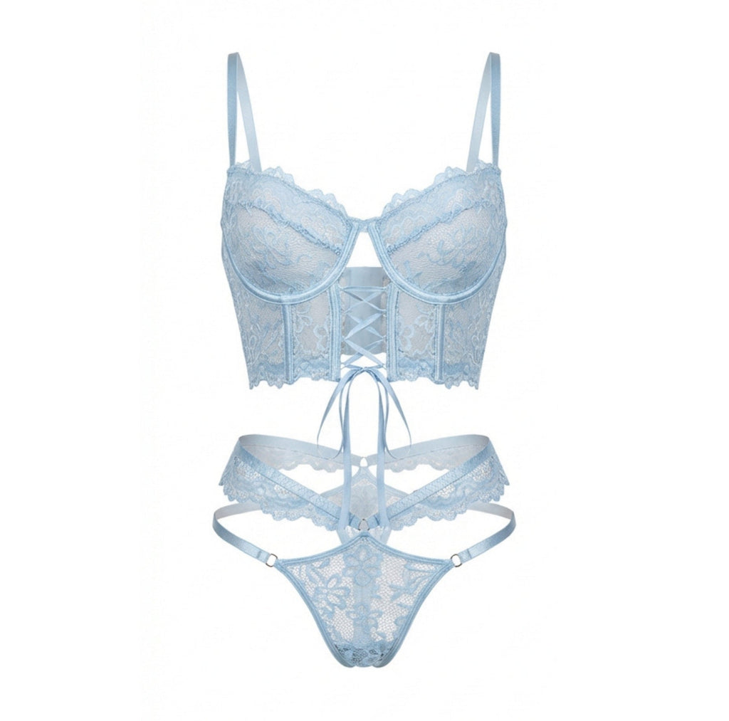 Lace Bra And Thong Set With Corset Lace - Up Detail - AR UNIVERSALghntshLingerie Set