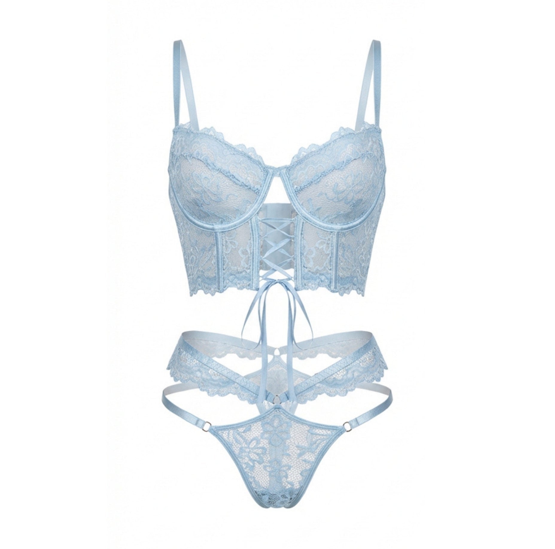 Lace Bra And Thong Set With Corset Lace - Up Detail - AR UNIVERSALghntshLingerie Set