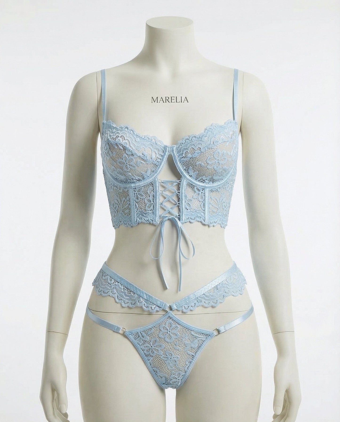 Lace Bra And Thong Set With Corset Lace-Up Detail