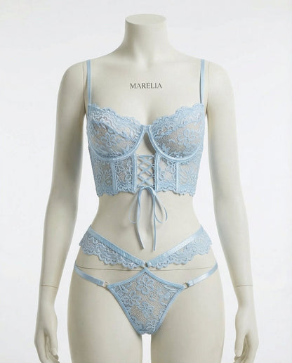 Lace Bra And Thong Set With Corset Lace-Up Detail