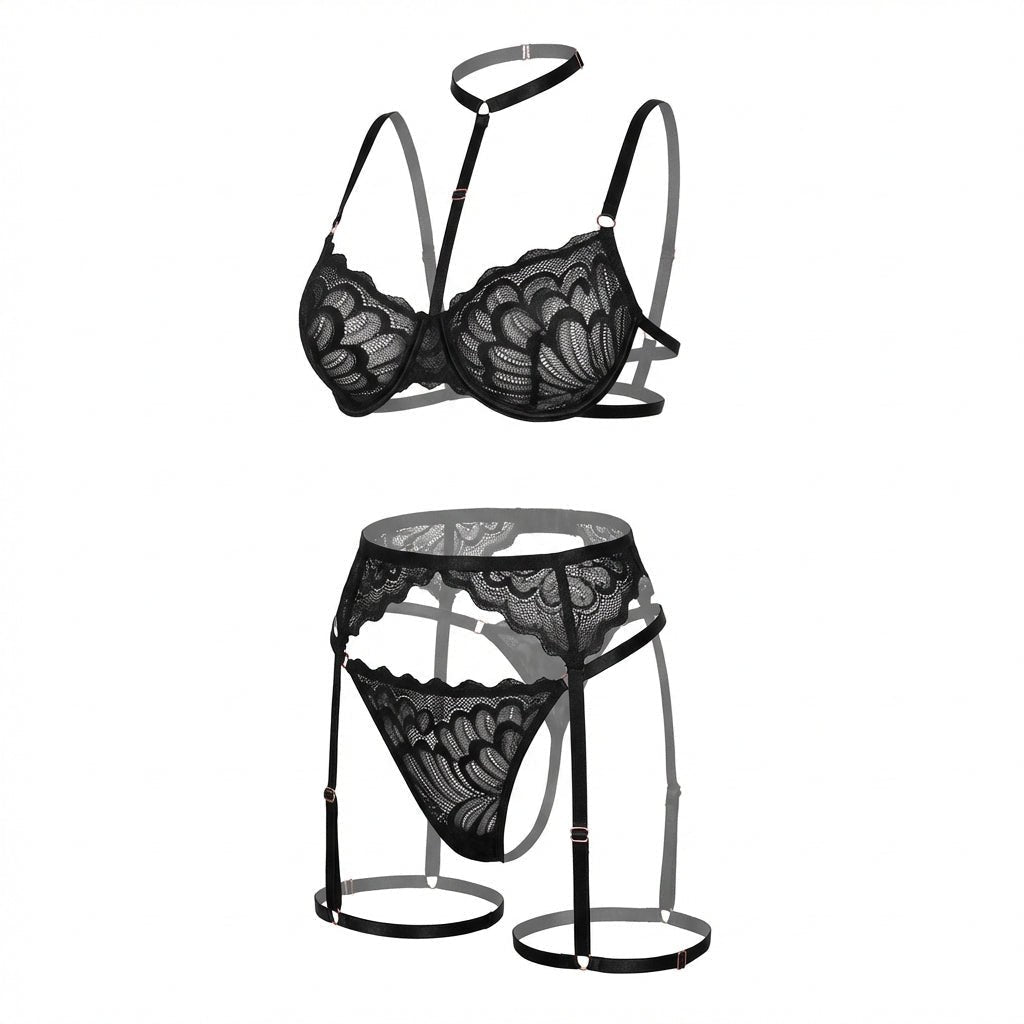 Elegant Lace Lingerie Set: Bra, Brief & Garter Trio - AR UNIVERSALghntshLingerie Set