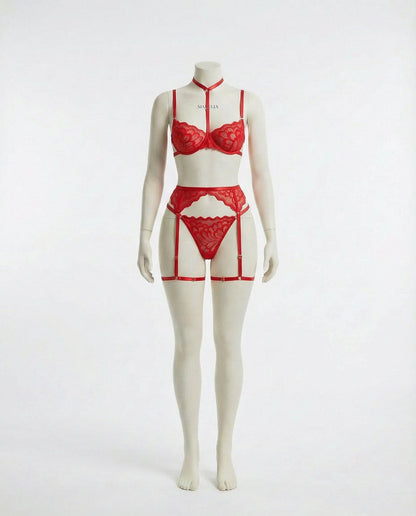Lace Bra High Waist Suspender Brief And Thigh Garter Set