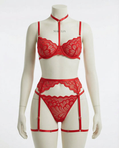 Lace Bra High Waist Suspender Brief And Thigh Garter Set
