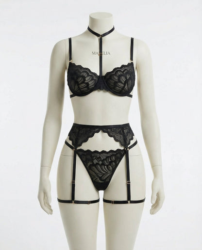 Lace Bra High Waist Suspender Brief And Thigh Garter Set