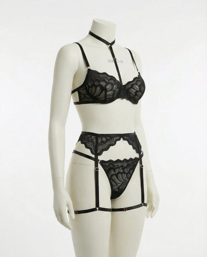 Lace Bra High Waist Suspender Brief And Thigh Garter Set