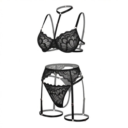 Lace Bra High Waist Suspender Brief And Thigh Garter Set