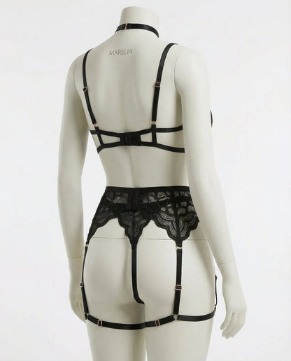 Lace Bra High Waist Suspender Brief And Thigh Garter Set