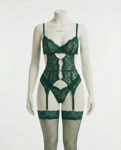 Lace Bra Suspender Belt Brief And Stockings Set