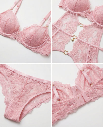 Lace Bra Suspender Belt Brief And Stockings Set