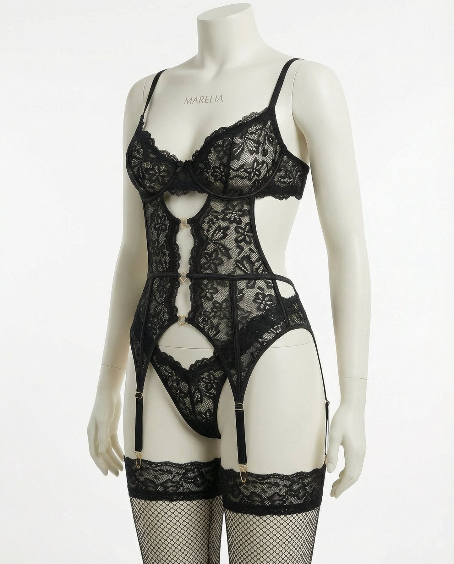 Lace Bra Suspender Belt Brief And Stockings Set