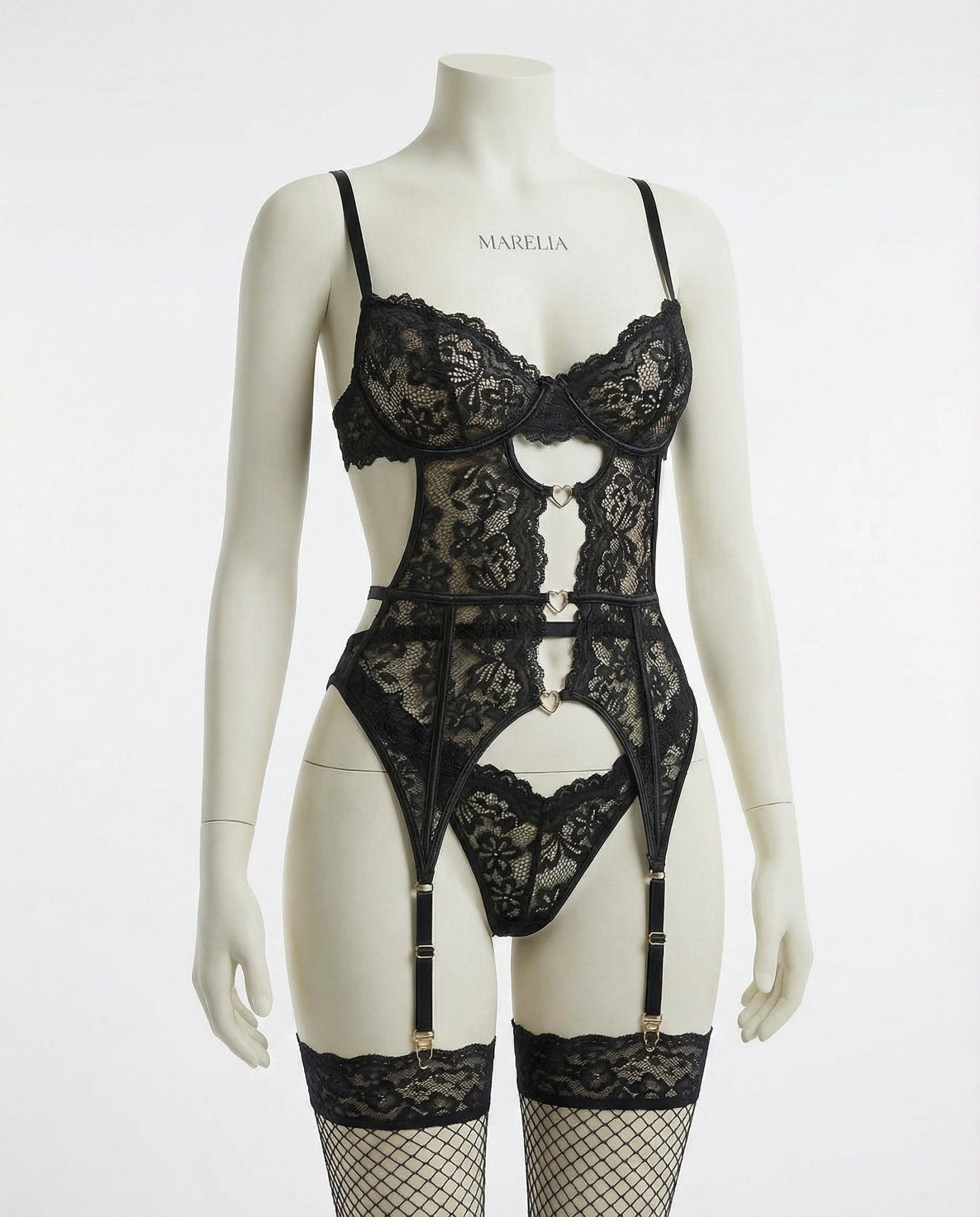 Lace Bra Suspender Belt Brief And Stockings Set - AR UNIVERSALghntshLingerie Set