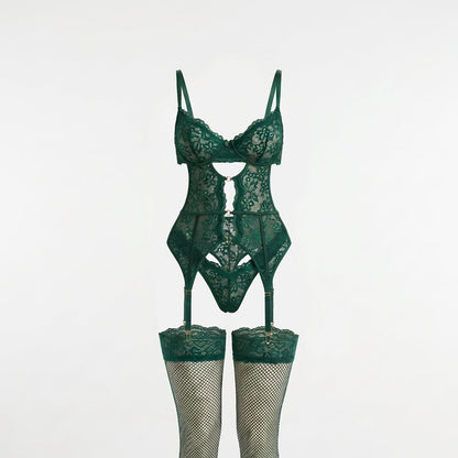 Lace Bra Suspender Belt Brief And Stockings Set