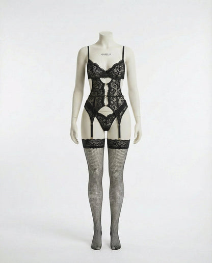 Lace Bra Suspender Belt Brief And Stockings Set