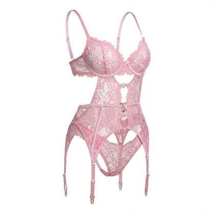 Lace Bra Suspender Belt Brief And Stockings Set