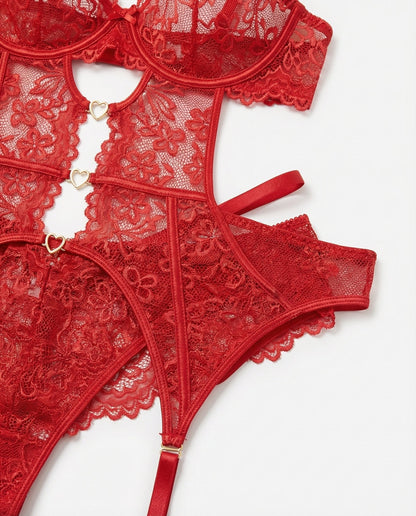 Lace Bra Suspender Belt Brief And Stockings Set