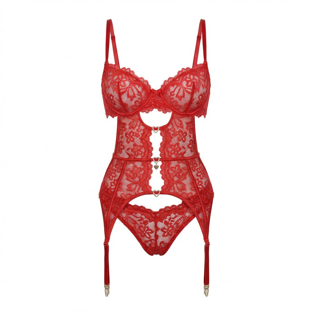 Lace Bra Suspender Belt Brief And Stockings Set
