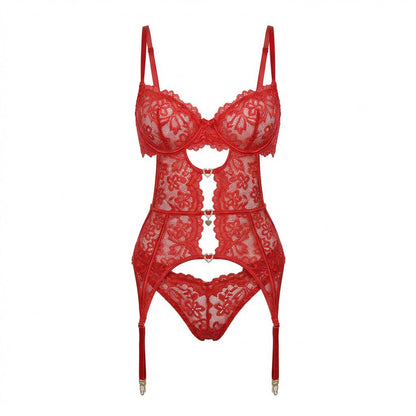 Lace Bra Suspender Belt Brief And Stockings Set