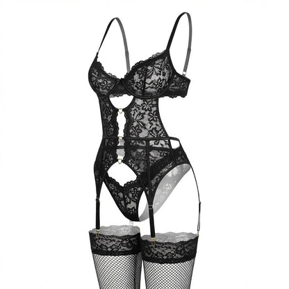 Lace Bra Suspender Belt Brief And Stockings Set