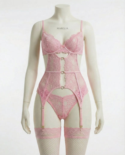Lace Bra Suspender Belt Brief And Stockings Set