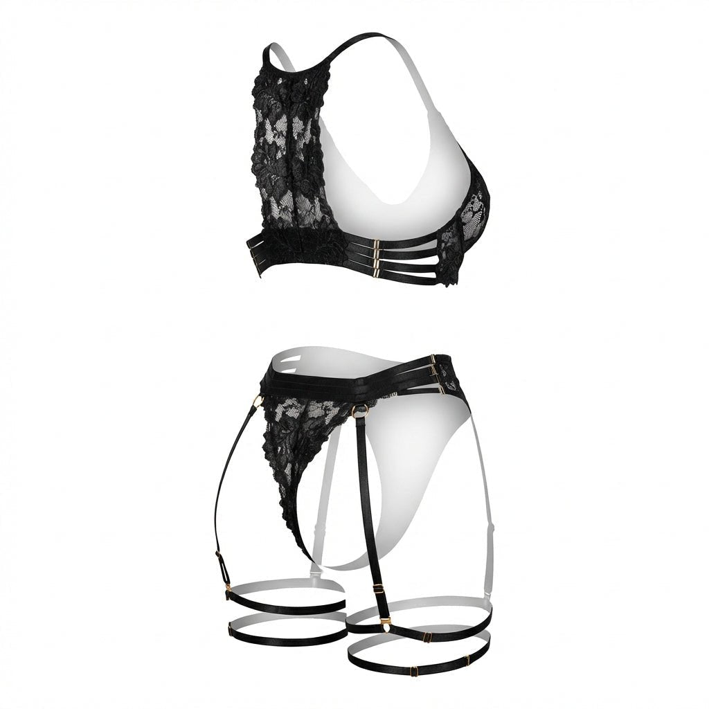 Lace Bra Suspender Belt G - String And Thigh Garter Set - AR UNIVERSALghntshLingerie Set