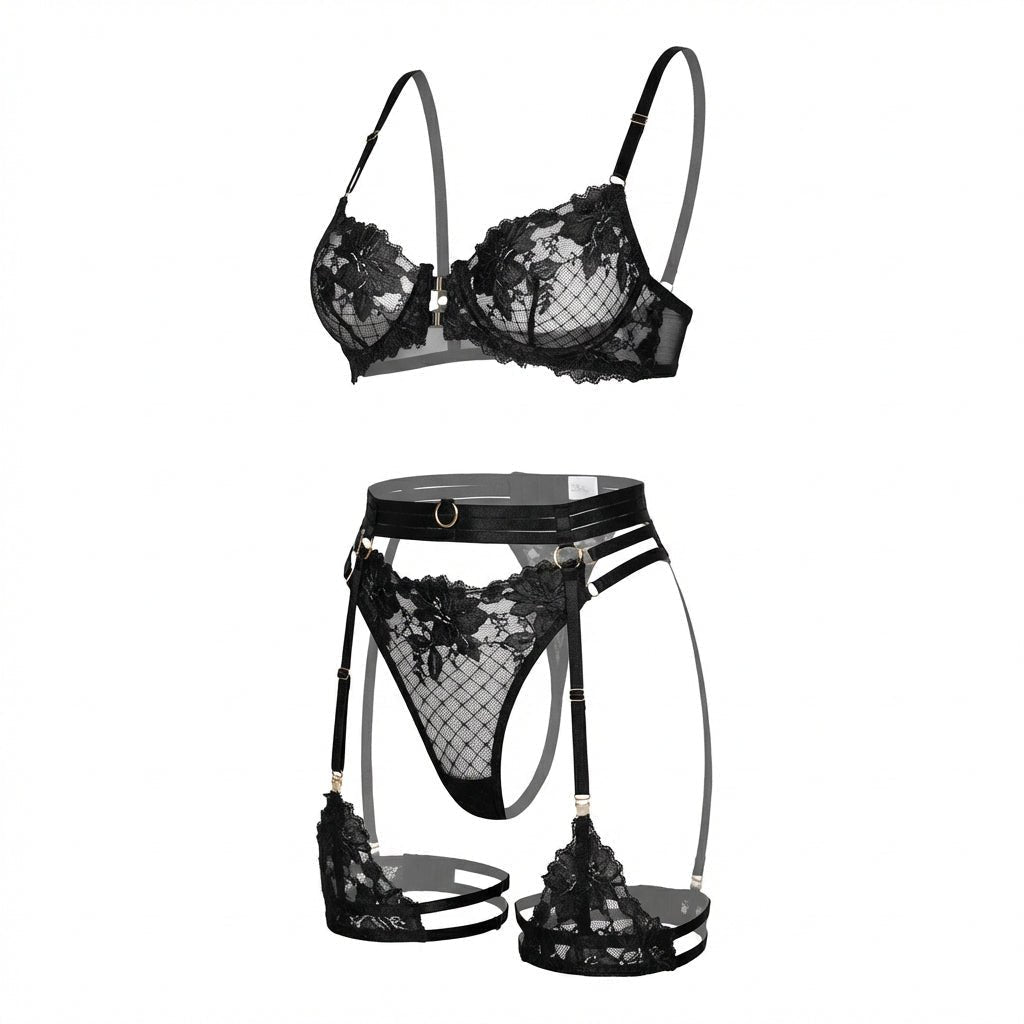 Lace Bra Suspender Belt G - String And Thigh Garter Set - AR UNIVERSALghntshLingerie Set