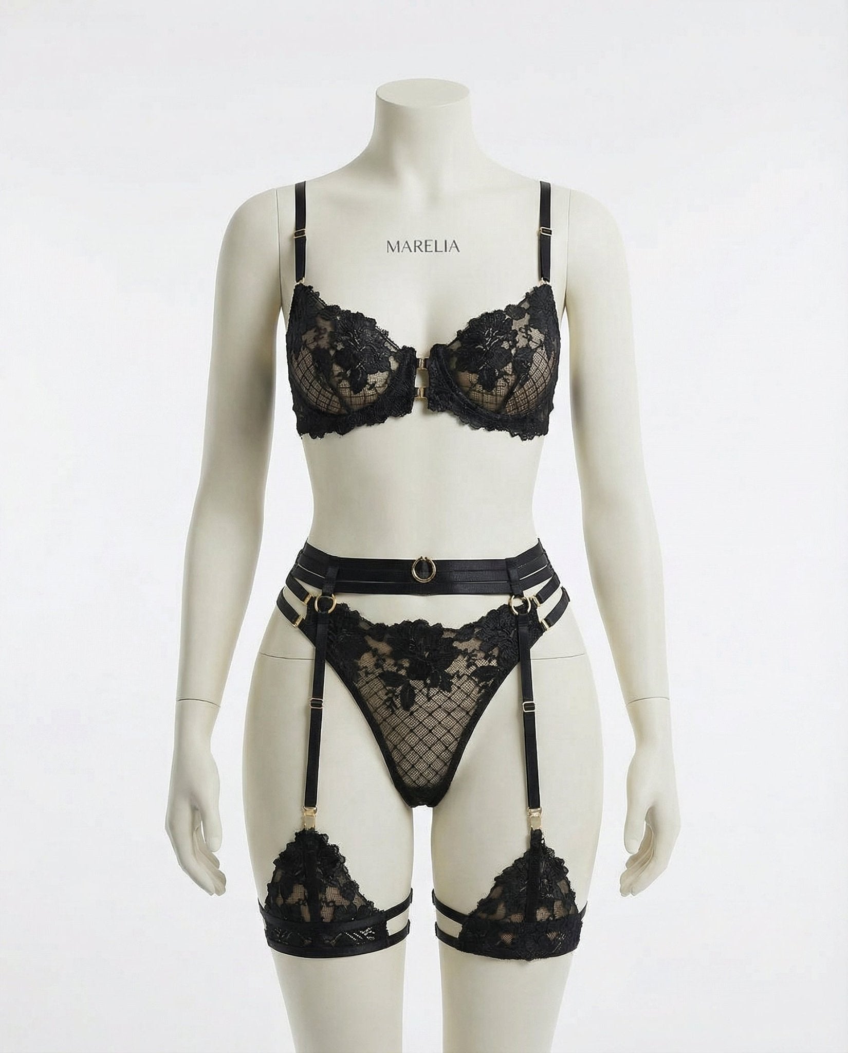 Lace Bra Suspender Belt G - String And Thigh Garter Set - AR UNIVERSALghntshLingerie Set