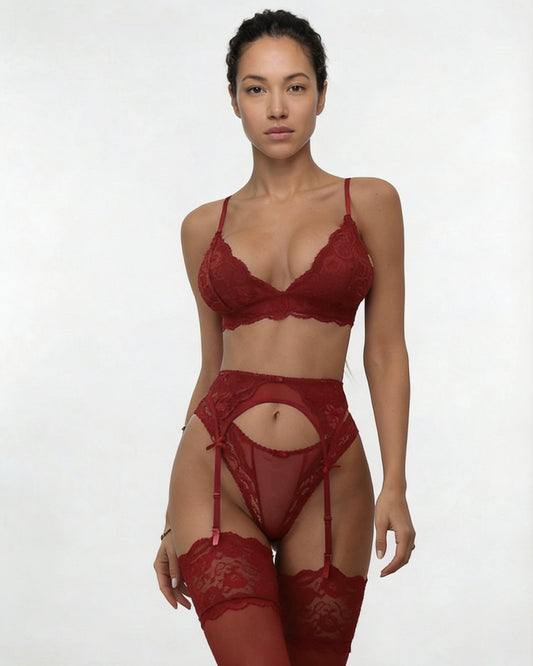 Lace Bralette Garter Belt Stockings Set
