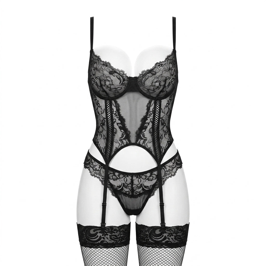 Lace Corset Basque Set With Fishnet Stockings - AR UNIVERSALAR UNIVERSALLingerie Sets