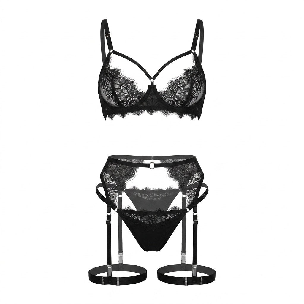 Lace Four Piece Set With Leg Garters - AR UNIVERSALAR UNIVERSALLingerie Sets