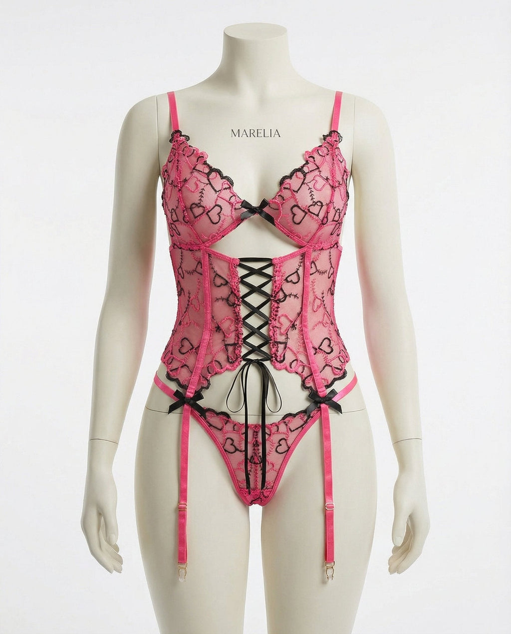 Lace Overlay Corset With Garter Straps - AR UNIVERSALghntshLingerie Set