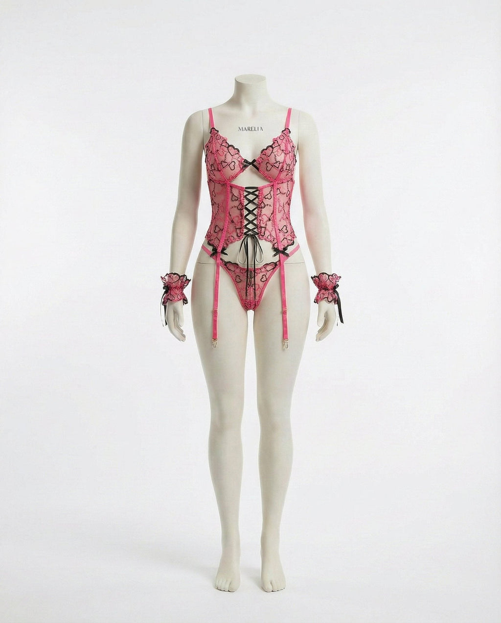 Lace Overlay Corset With Garter Straps - AR UNIVERSALghntshLingerie Set