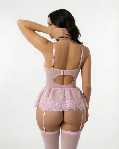 Lace Ruffle Bustier Teddy With Garter Straps