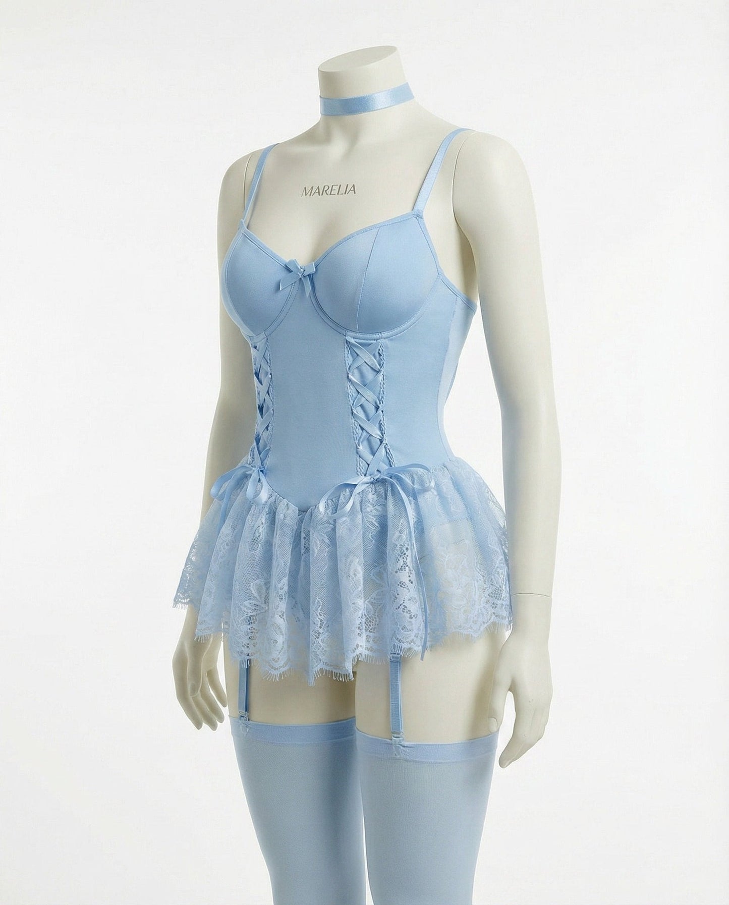Lace Ruffle Bustier Teddy With Garter Straps
