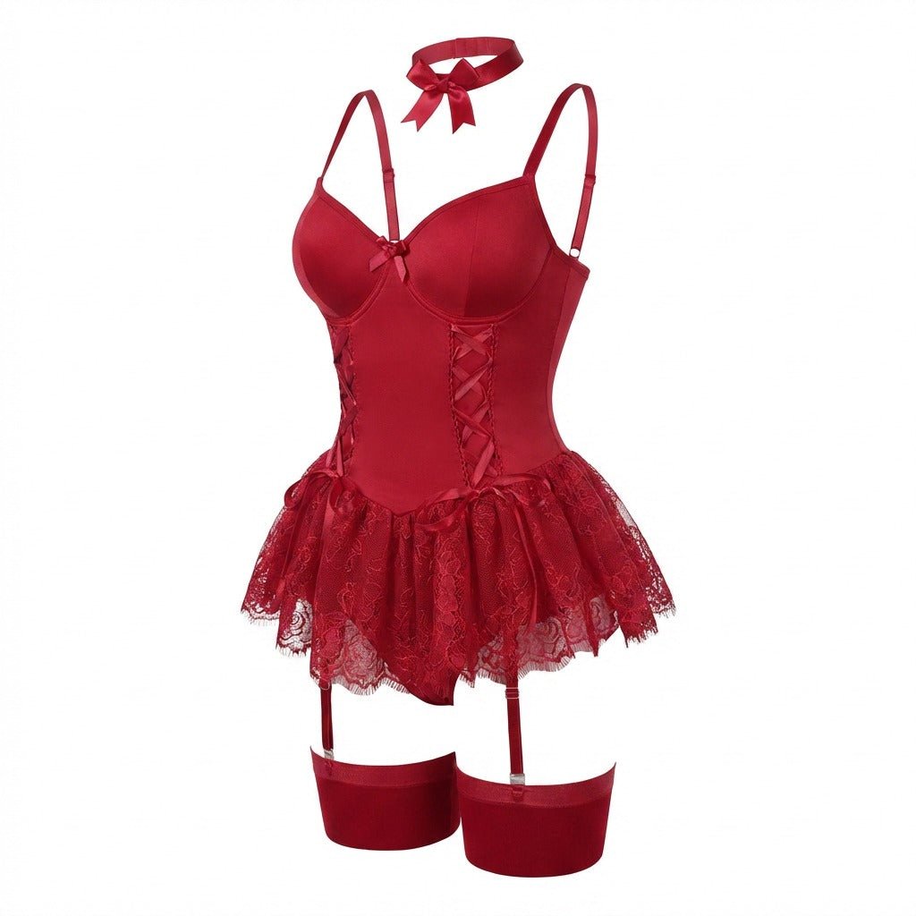 Lace Ruffle Bustier Teddy With Garter Straps