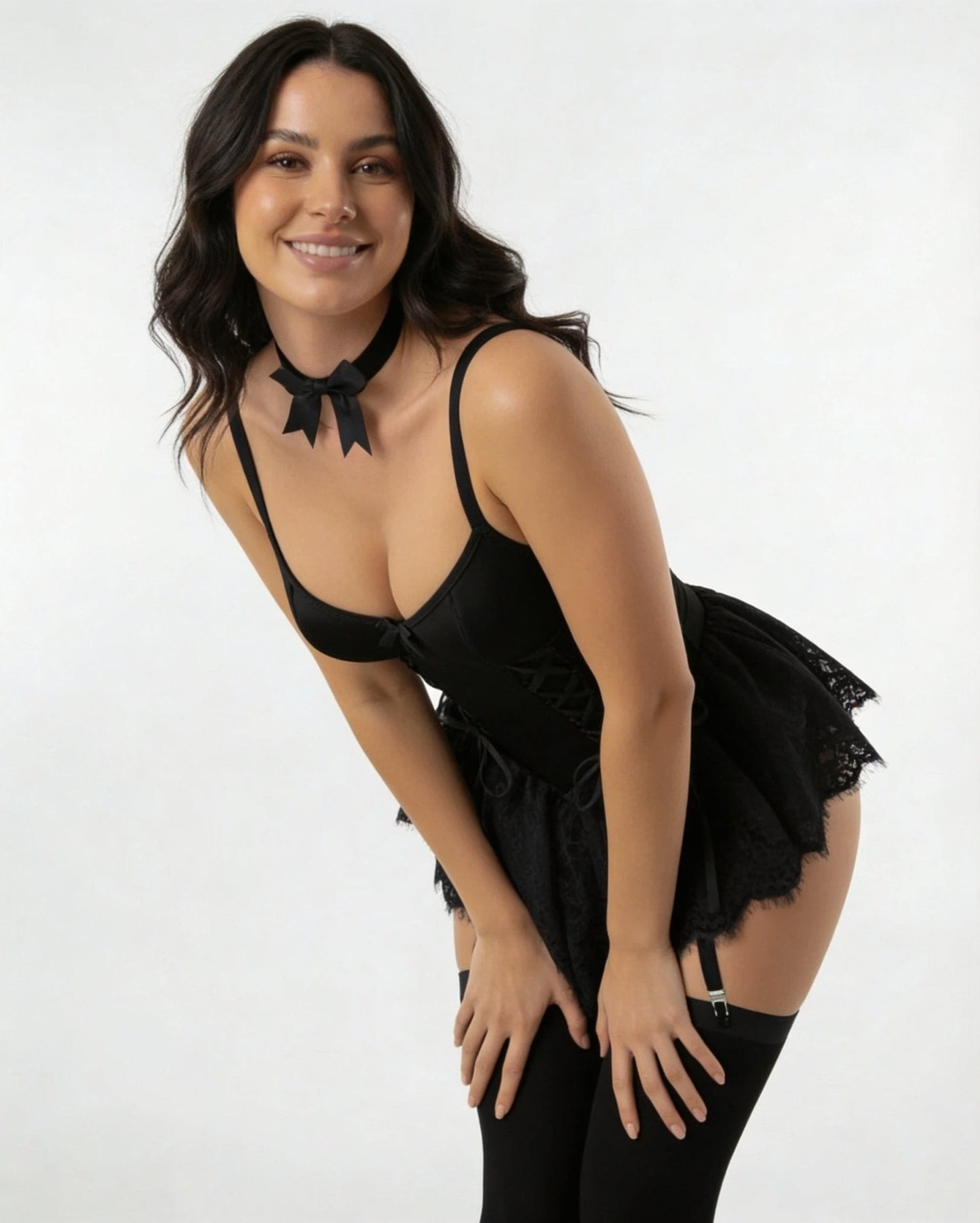 Lace Ruffle Bustier Teddy With Garter Straps
