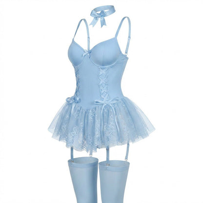 Lace Ruffle Bustier Teddy With Garter Straps