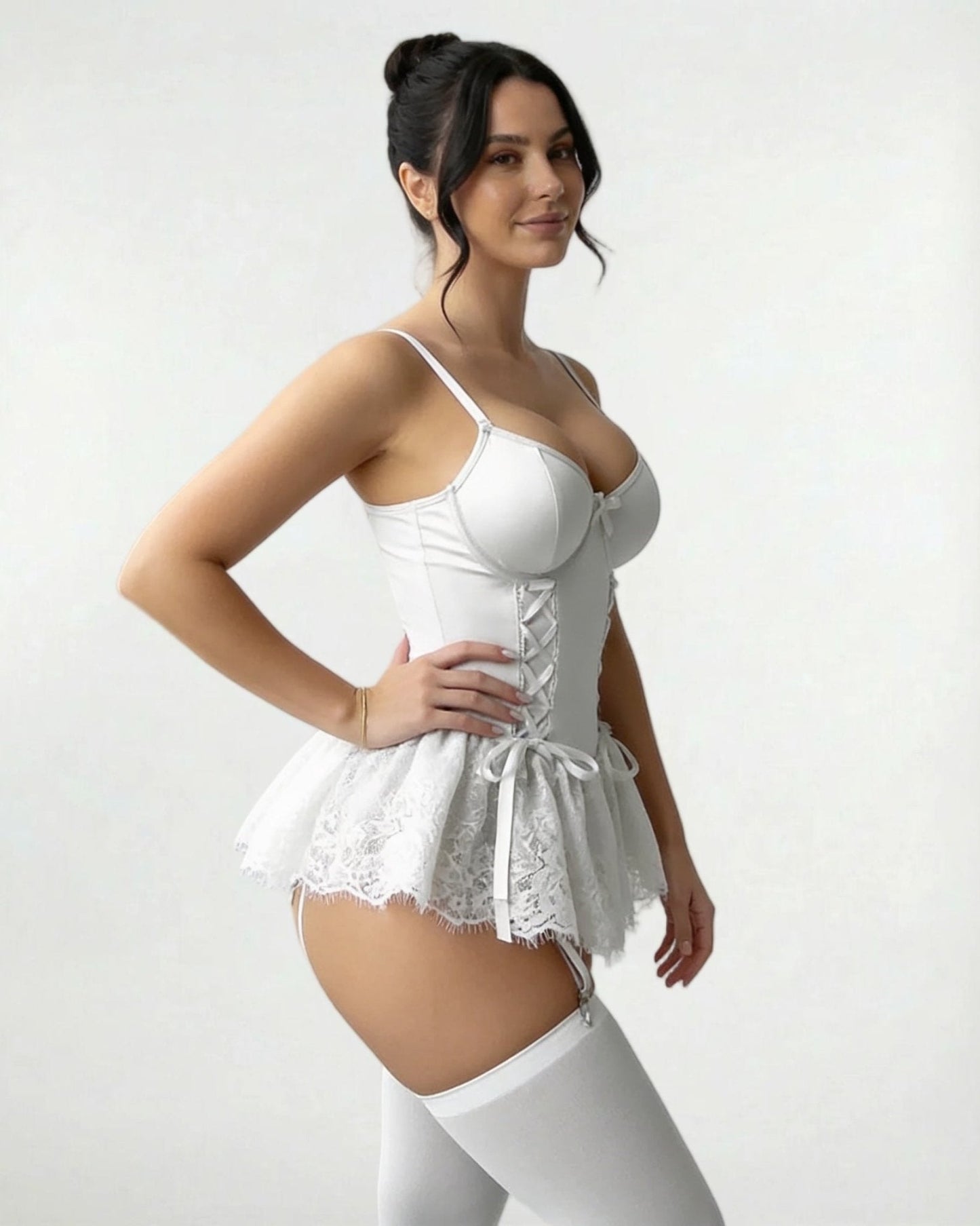 Lace Ruffle Bustier Teddy With Garter Straps