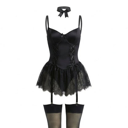Lace Ruffle Bustier Teddy With Garter Straps
