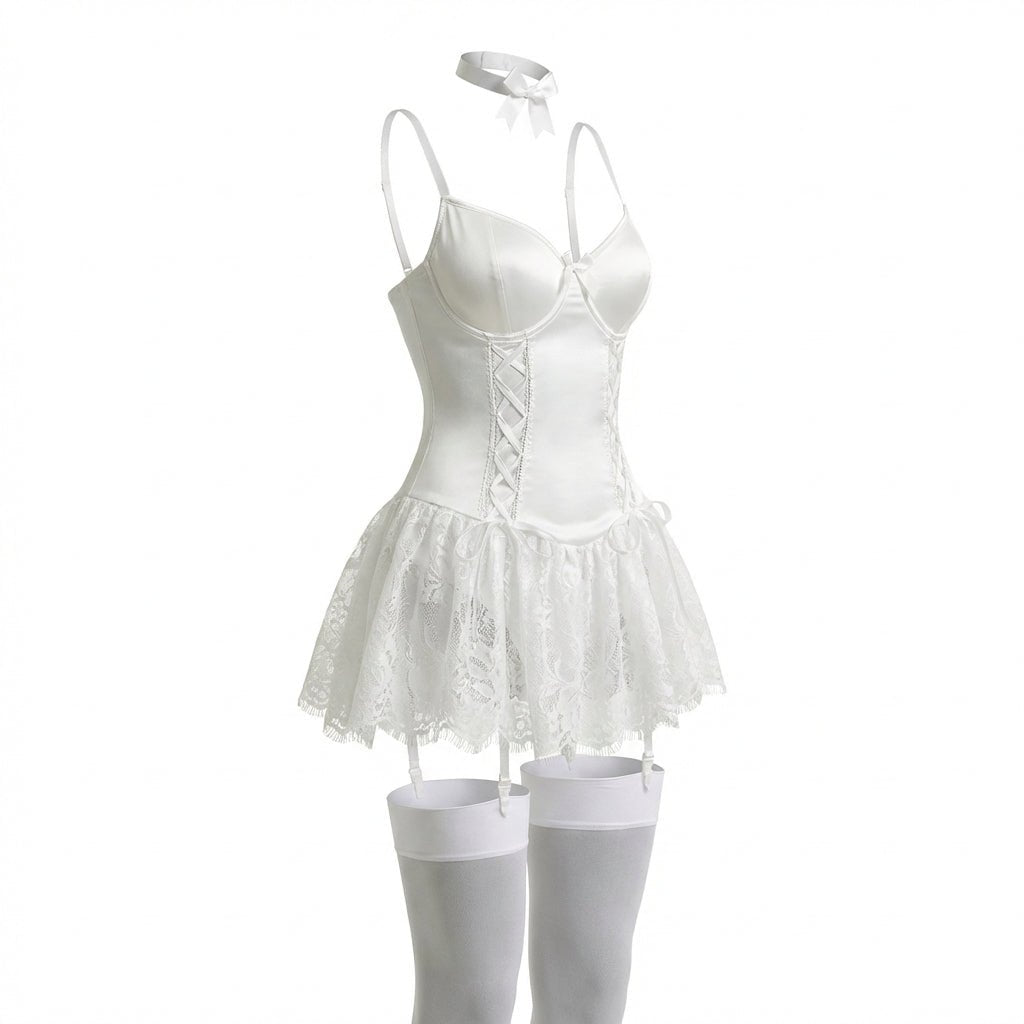 Lace Ruffle Bustier Teddy With Garter Straps