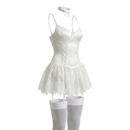 Lace Ruffle Bustier Teddy With Garter Straps