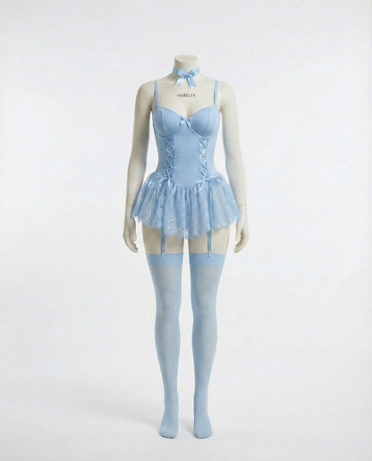 Lace Ruffle Bustier Teddy With Garter Straps