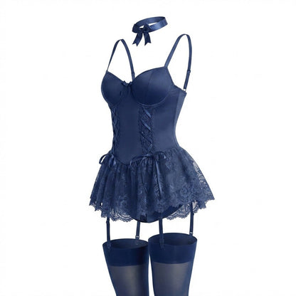Lace Ruffle Bustier Teddy With Garter Straps