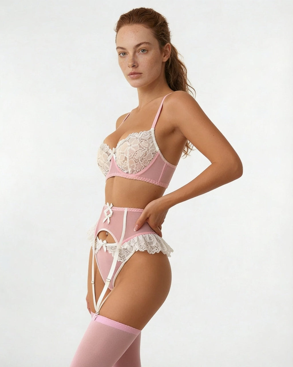 Lace Trim Balconette Bra 4 Piece Lingerie Set - AR UNIVERSALghntshLingerie Sets
