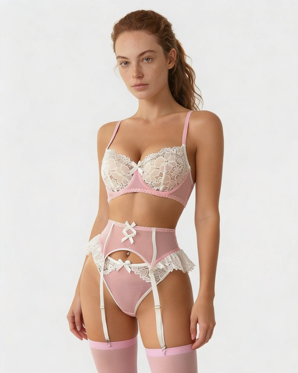 Lace Trim Balconette Bra 4 Piece Lingerie Set - AR UNIVERSALghntshLingerie Sets